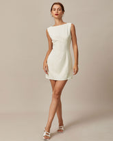 Sueña™ Bej Kayık Yaka Sırtı Fiyonklu Mini Elbise